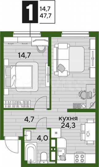 1-к. квартира, 47,7 м², 11/16 эт.