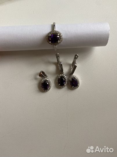 Набор с аметистом: подвеска, серьги и кольцо