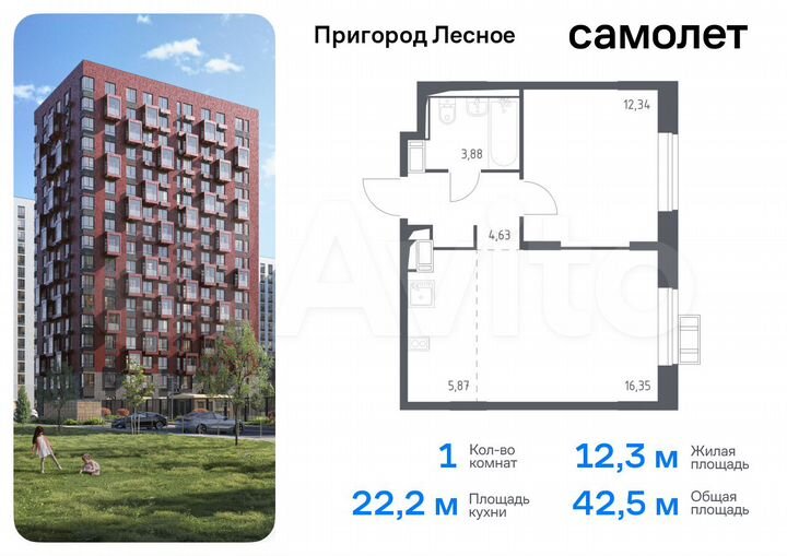 1-к. квартира, 42,5 м², 12/12 эт.