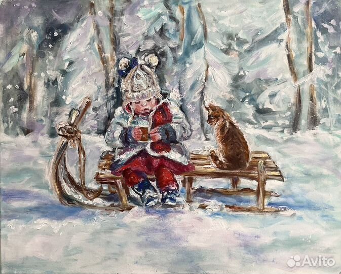Картина маслом Девочка с котом 40х50 см на заказ