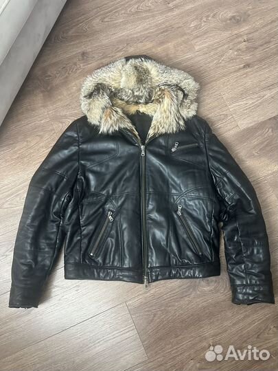 Куртка кожаная мужская зимняя с капюшоном