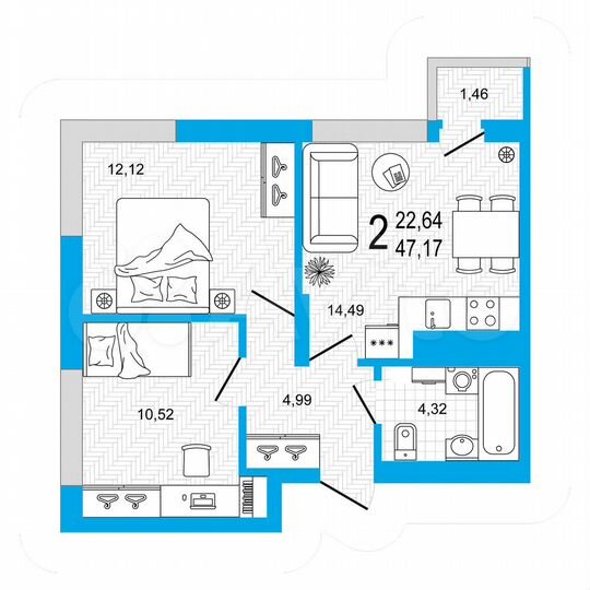2-к. квартира, 47,2 м², 19/26 эт.