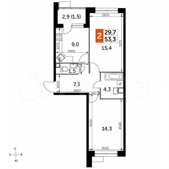 2-к. квартира, 53,3 м², 2/9 эт.