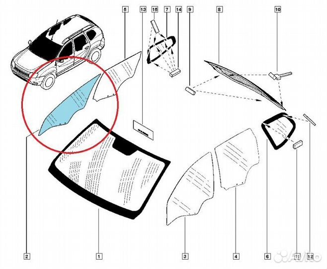 Боковое отпускное стекло переднее правое Renault