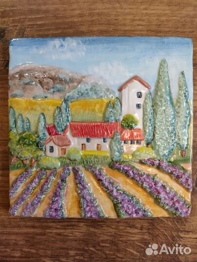 Пейзаж с лавандой. Панно. Керамика ручной работы