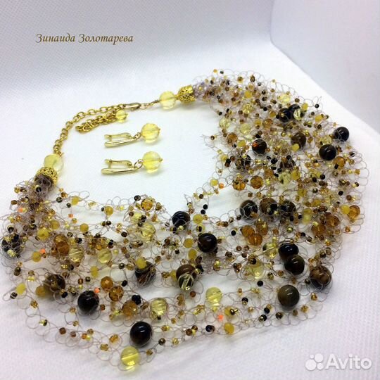 Колье и серьги с цитринами и тигровым глазом
