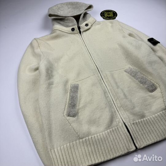 Stone Island White Wool Zipped Hooded Jumper