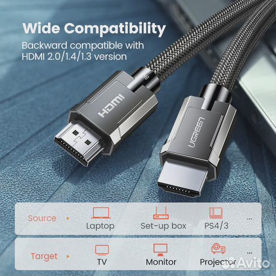 Кабель hdmi 2.1 3м. ugreen 4К 8К 120Hz HDR VRR