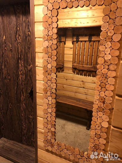 Панно-зеркало из сибирского можжевельника для бани