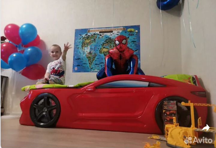 Кровать машина С матрасом и ящиком для белья