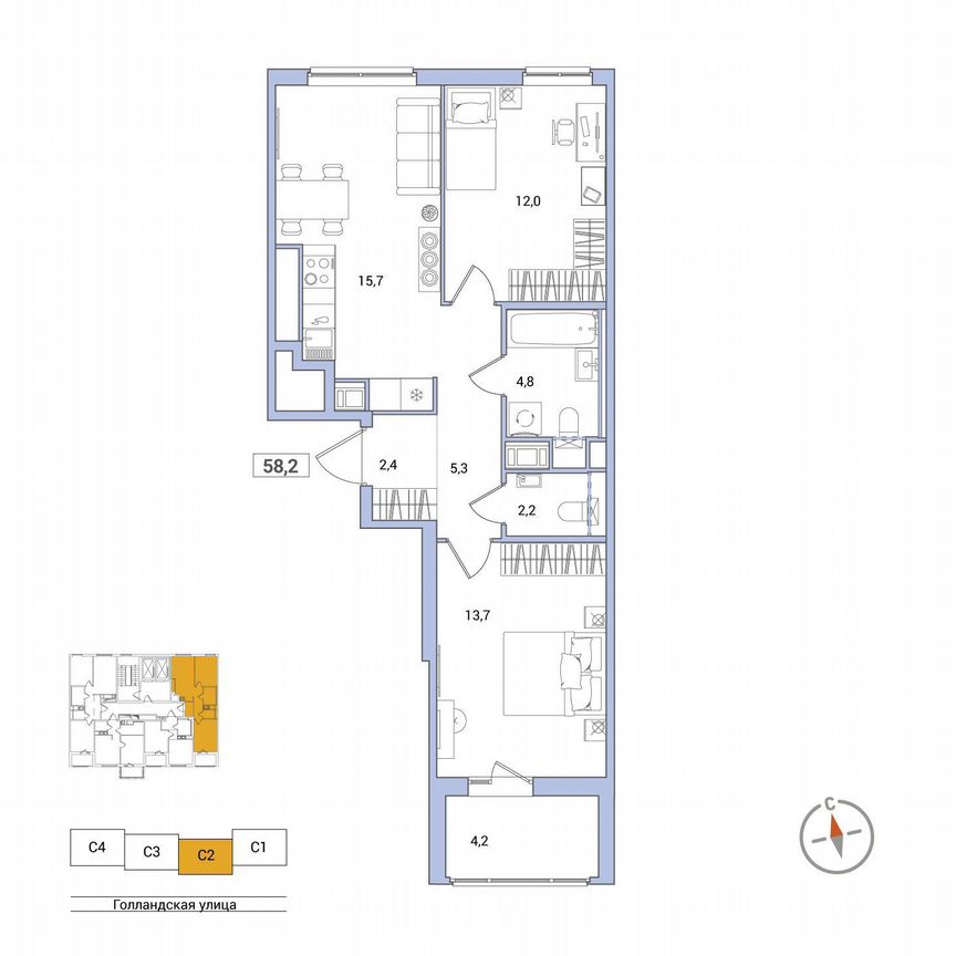 2-к. квартира, 58,2 м², 3/11 эт.