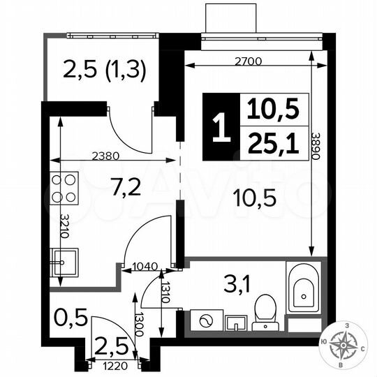 Квартира-студия, 25,1 м², 16/24 эт.
