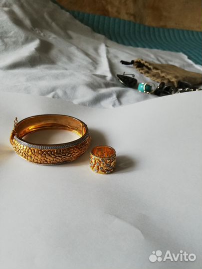 Браслет и кольцо, серебро, позолота, фианиты