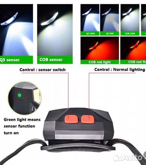 Налобный сенсорный фонарик