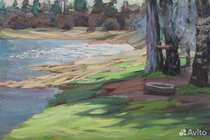 Старинная картина пейзаж маслом лес река деревья