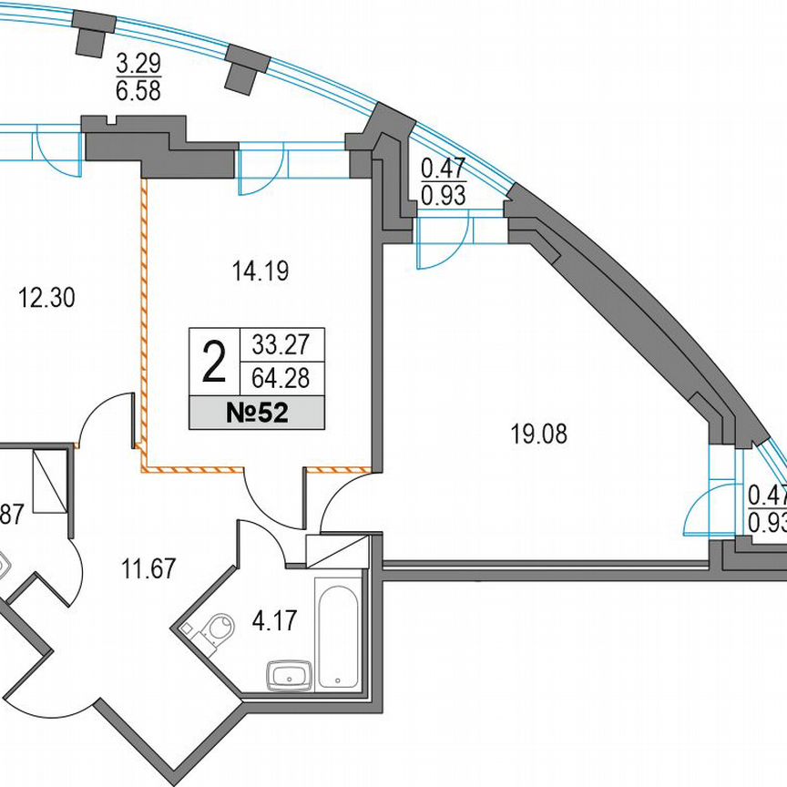 2-к. квартира, 64,3 м², 12/25 эт.