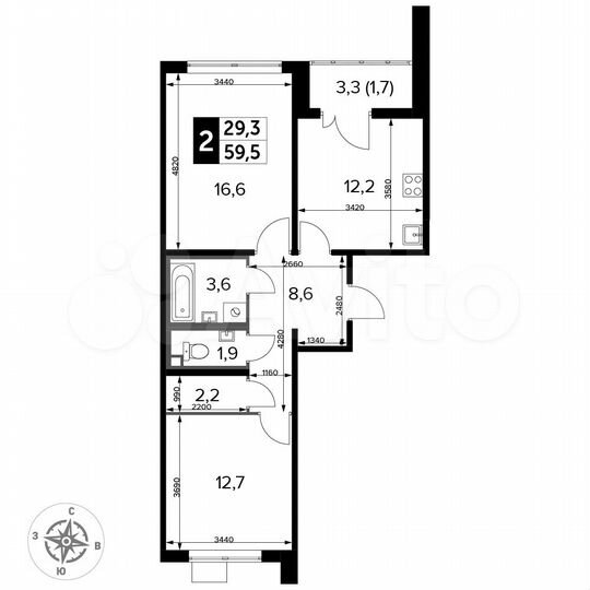 2-к. квартира, 59,5 м², 16/24 эт.