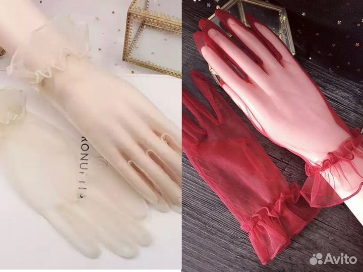 Перчатки шифоновые бежевые айвори красные
