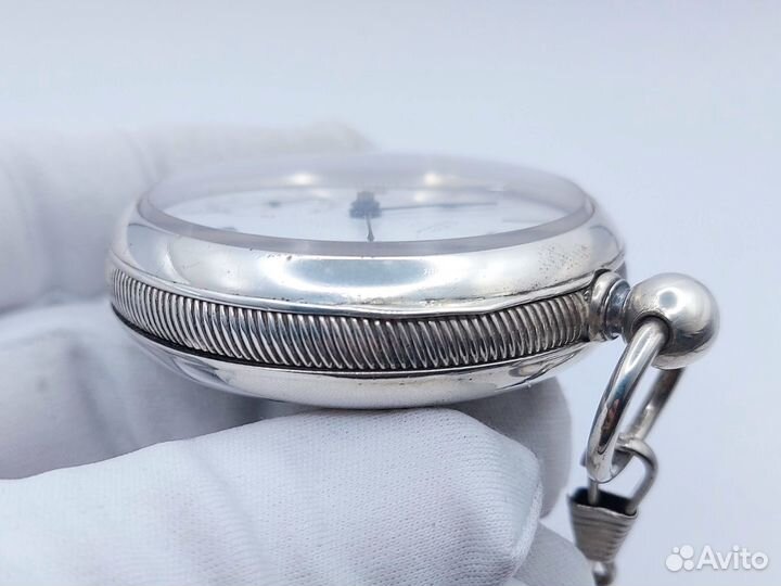 Большие серебряные карманные часы Waltham с цепью