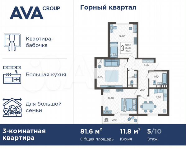 3-к. квартира, 81,6 м², 5/10 эт.