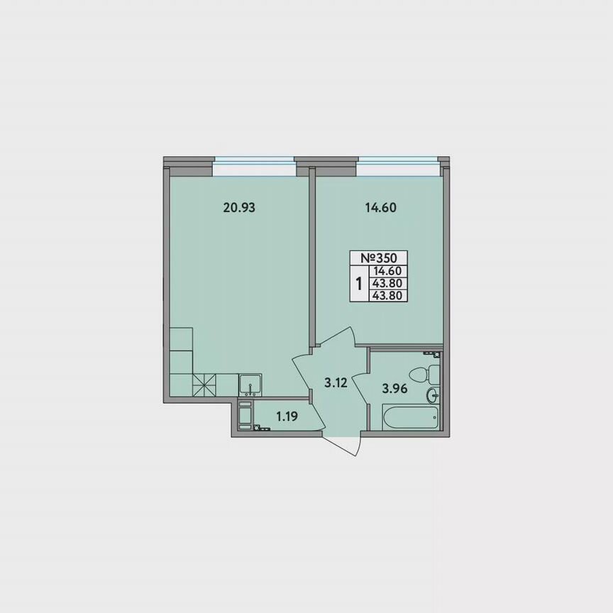 1-к. квартира, 43,4 м², 2/12 эт.