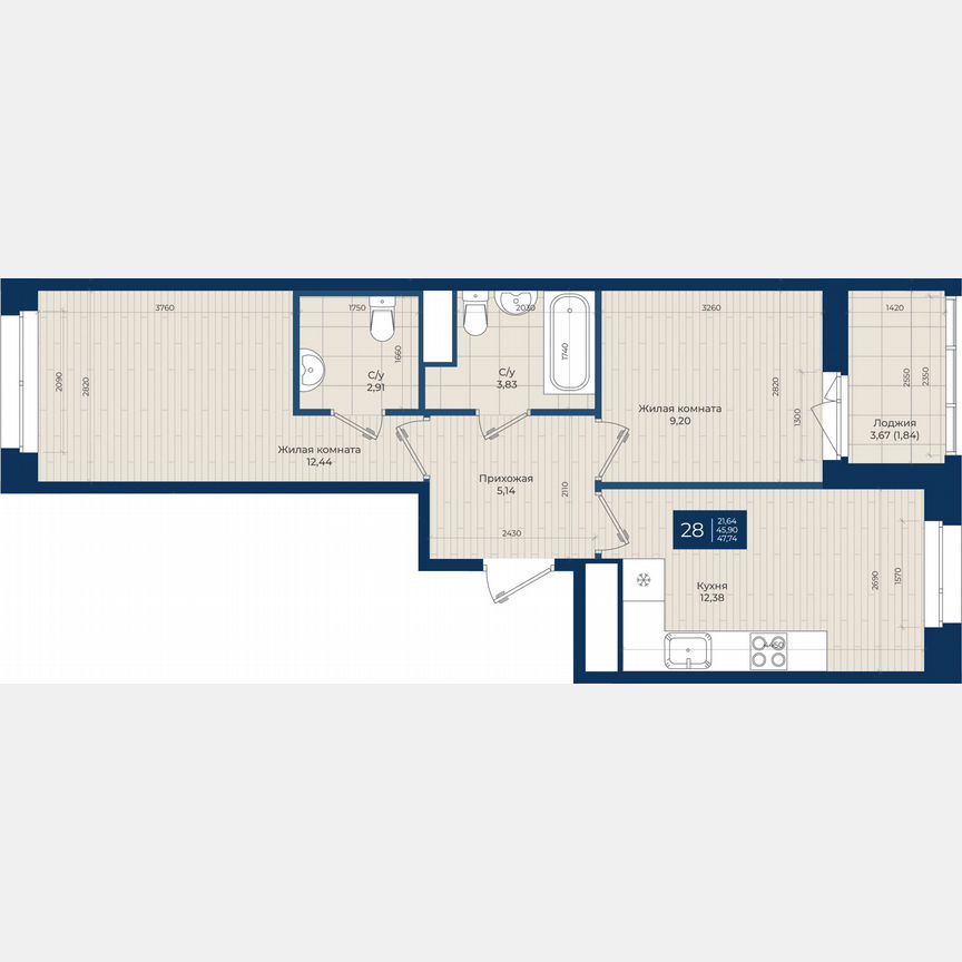 2-к. квартира, 47,7 м², 8/12 эт.