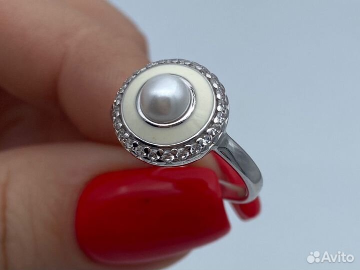 Кольцо серебро 925 жемчуг эмаль