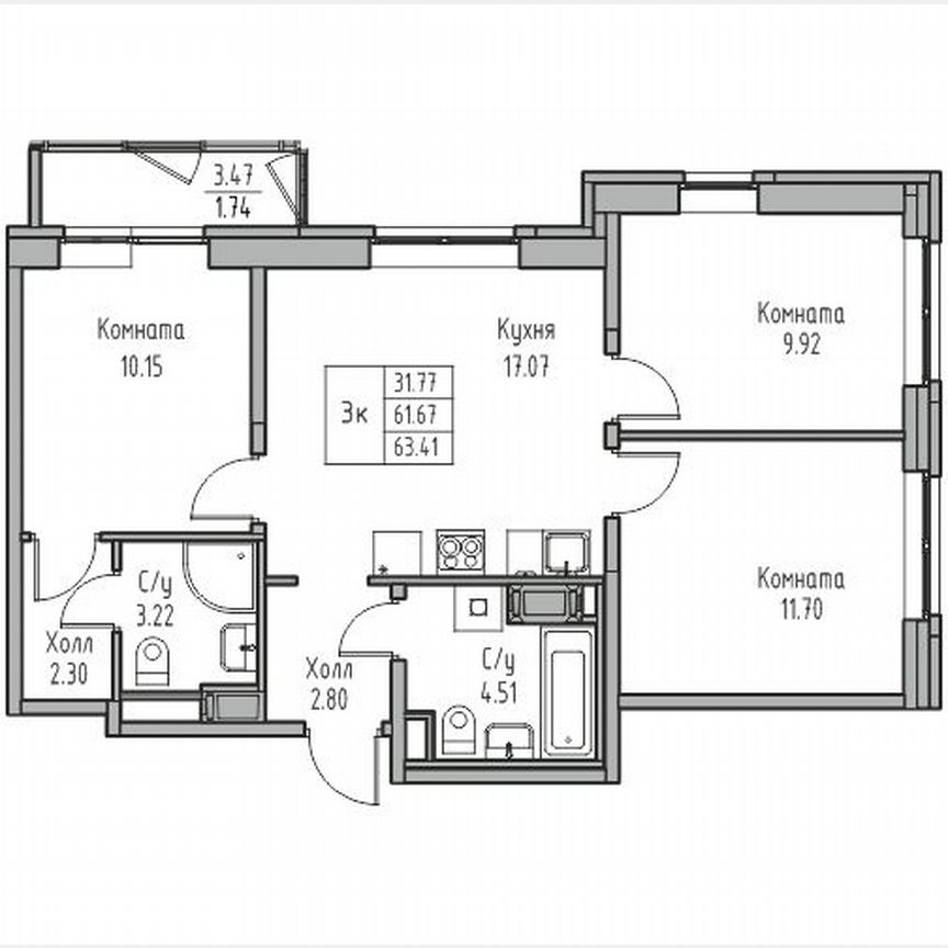 3-к. квартира, 63,4 м², 13/23 эт.