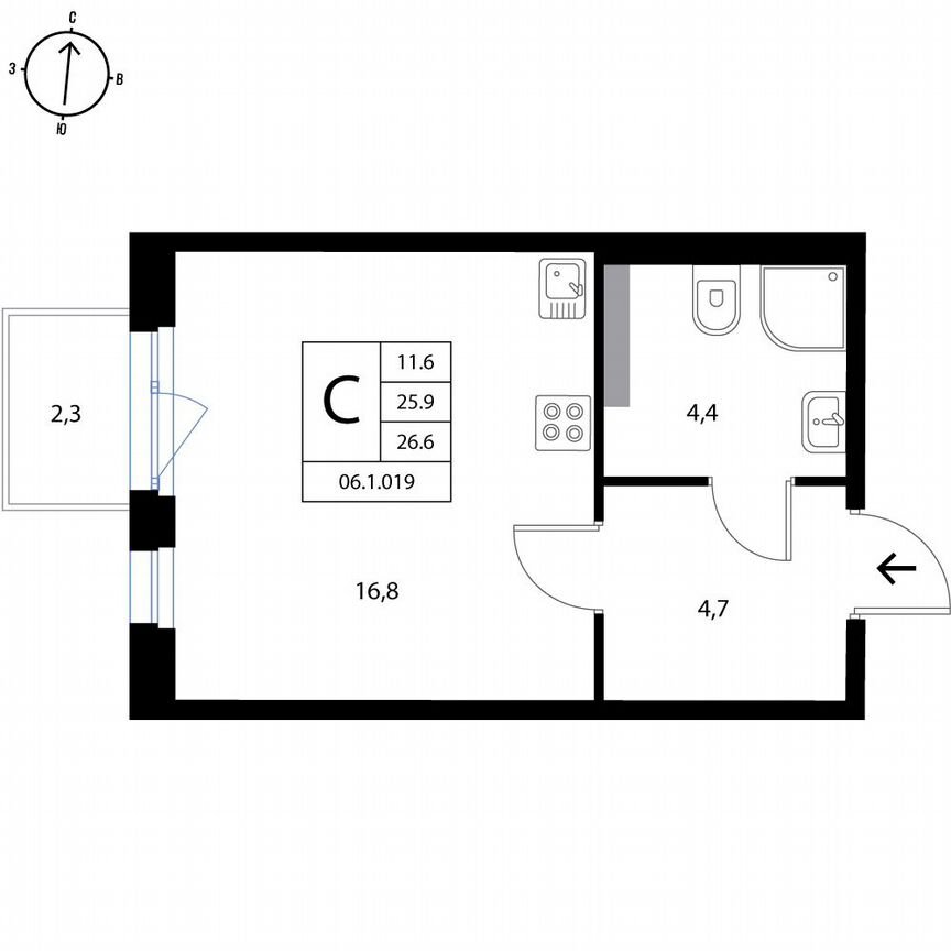 Квартира-студия, 26,6 м², 2/3 эт.