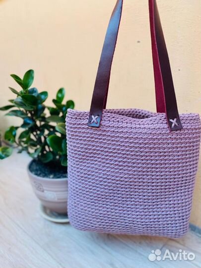 Сумка вязанная из джута, шнура, трикотажной пряжи