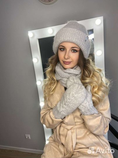 Шапка и снуд, варежки из пуха норки