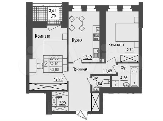 2-к. квартира, 63,8 м², 3/11 эт.