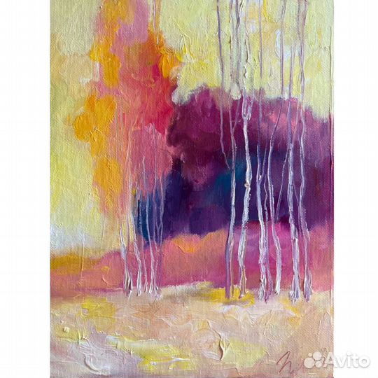 Картина маслом пейзаж лес утро березы холст