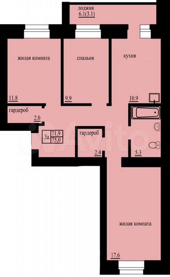 3-к. квартира, 75 м², 5/9 эт.