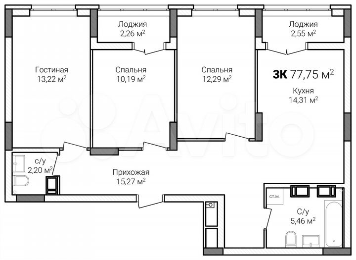 3-к. квартира, 77,8 м², 5/15 эт.