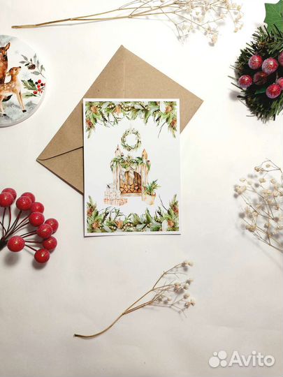 Открытка акварель Новый год 4шт