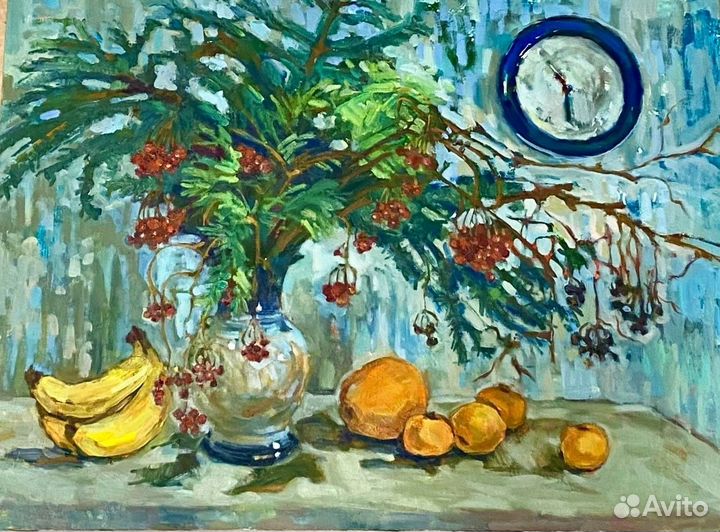 Картина маслом Натюрморт Зимний букет с мандаринам