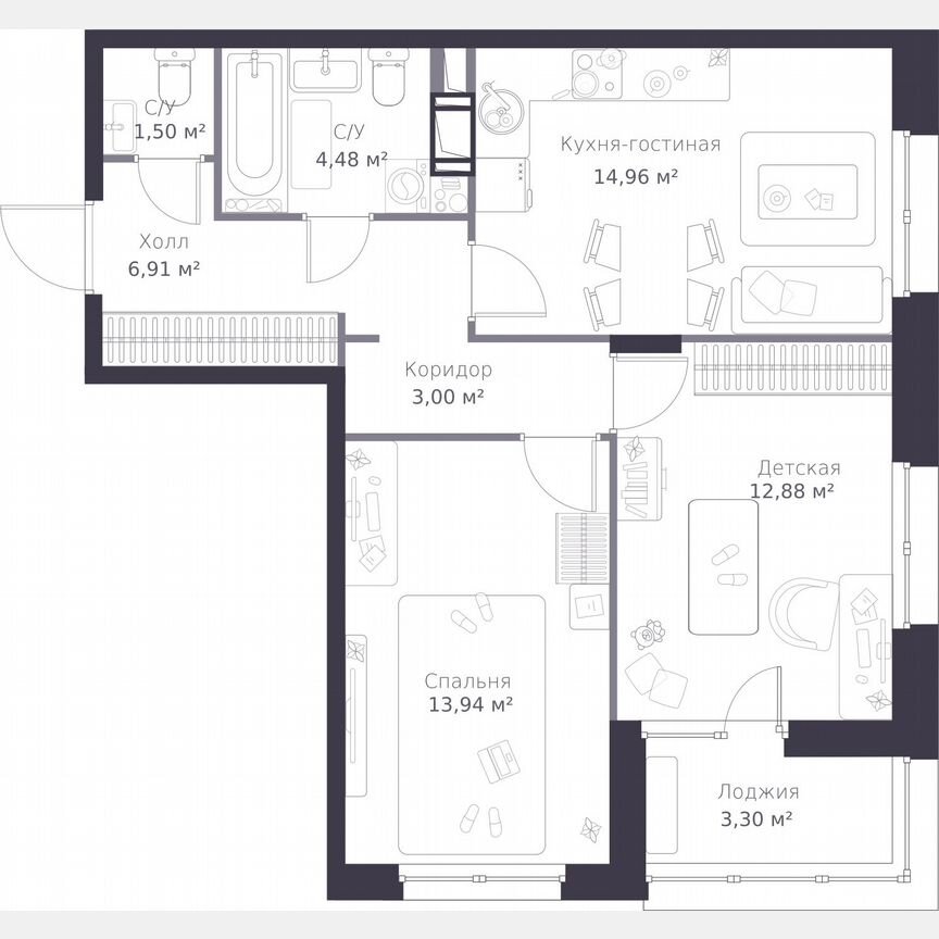 2-к. квартира, 59,3 м², 6/11 эт.
