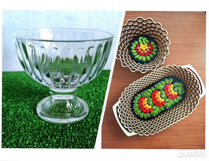 Ваза стекло Икеа и деревянная Хохлома 2шт