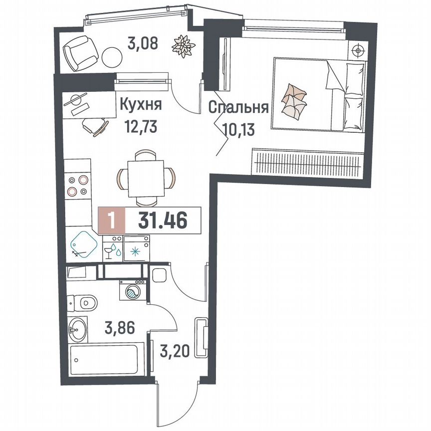 1-к. квартира, 31,5 м², 3/18 эт.