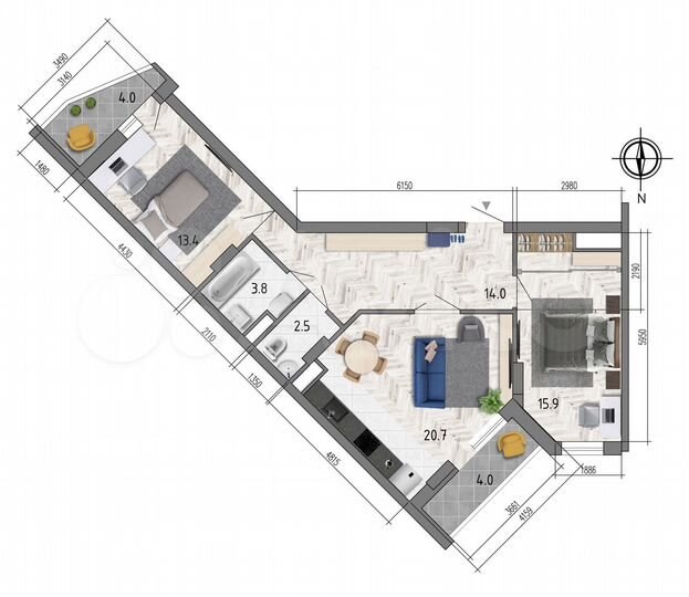 2-к. квартира, 74,3 м², 10/18 эт.
