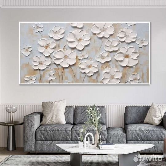 Текстурная картина маслом на холсте 3D Белые цветы