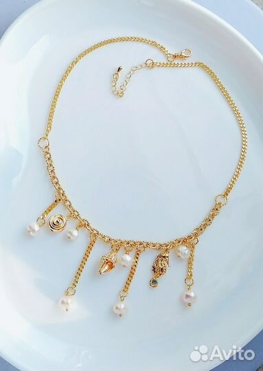 Колье цепь с подвесками с жемчугом