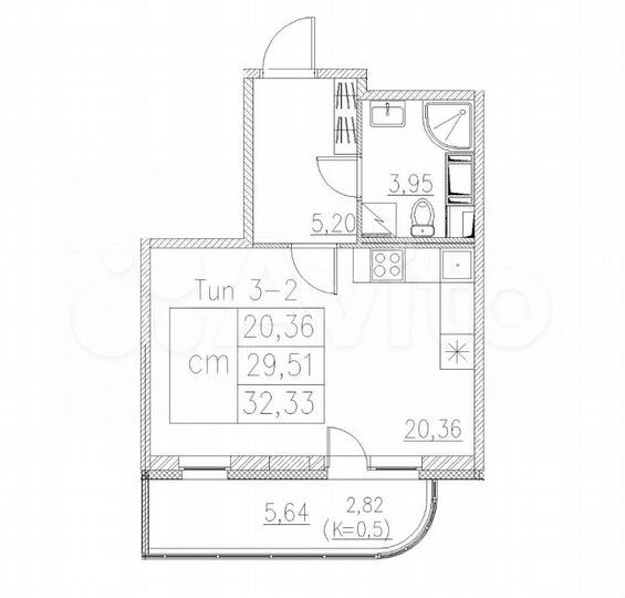 Квартира-студия, 32,3 м², 2/12 эт.