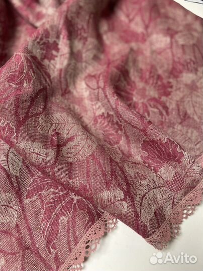 Льняная круглая скатерть жаккард бордо