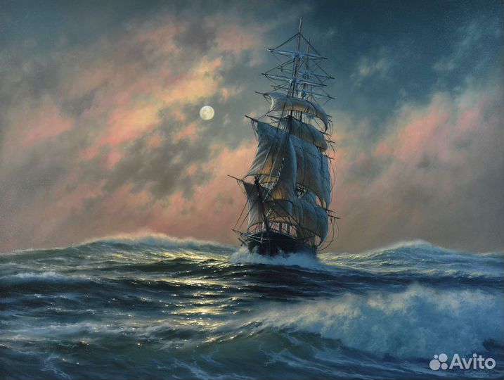 Картина маслом на холсте. Парусник полная луна