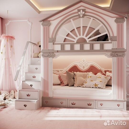 Розовая кроватка-чердак с игровой зоной