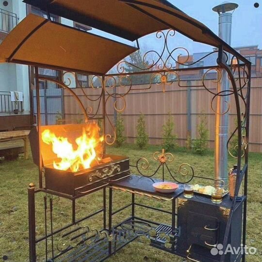 Кованый мангал с печкой и крышей