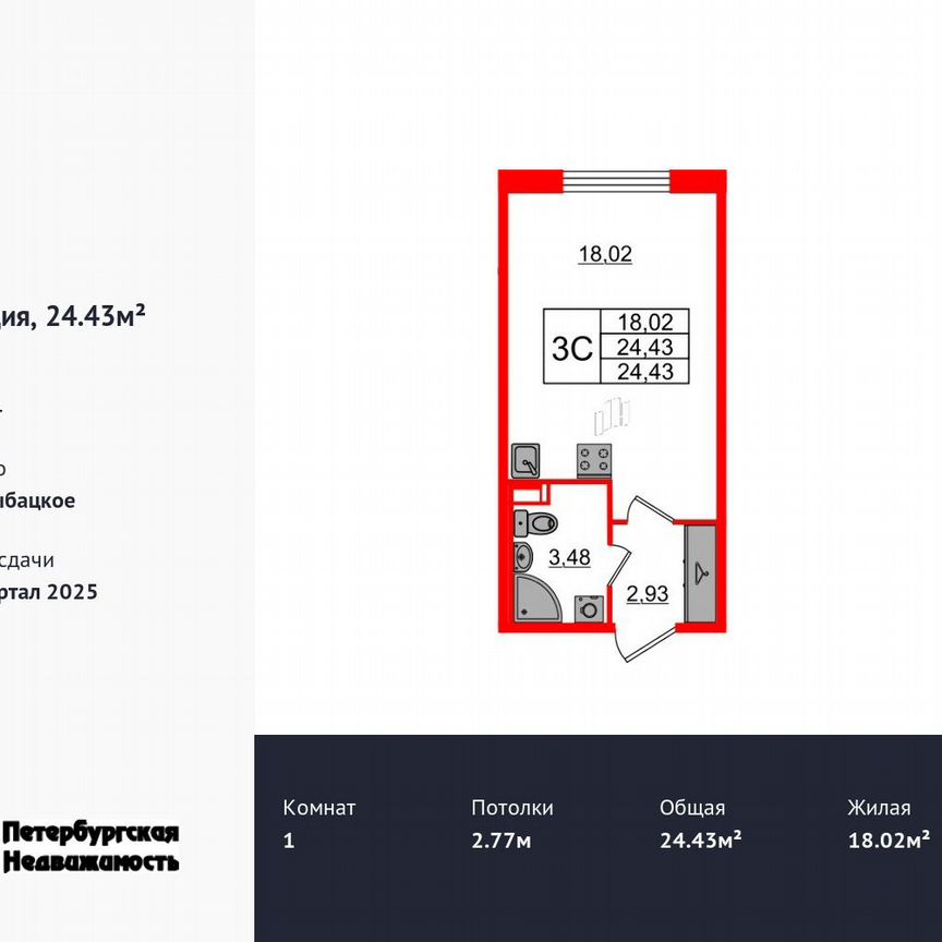 Квартира-студия, 24,4 м², 1/4 эт.