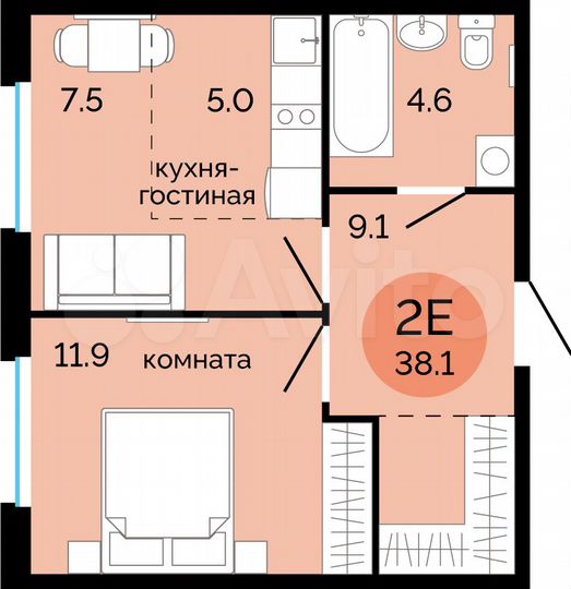 2-к. квартира, 38,1 м², 2/14 эт.